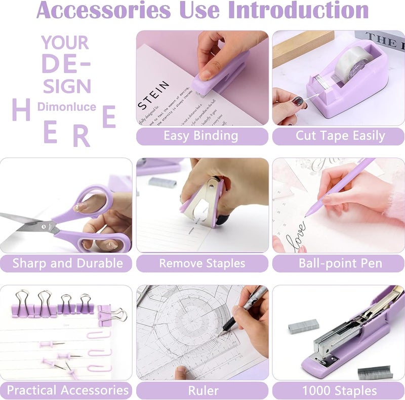 Dimonluce Purple Desk Accessories, Purple Office Supplies Accessories with Tape Dispenser, Stapler, Staple Remover, 1000 Staples, Tape, Clips Set, Ruler, Scissor, Pen - Image 4